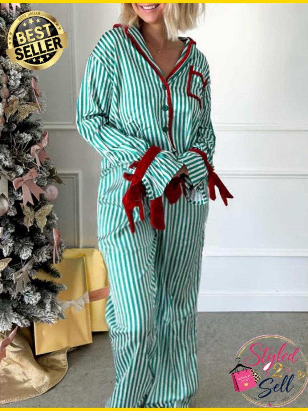 Cute Christmas Bow Tie Pajama Set Women Satin Long Sleeve 2 Piece Sleepwear - Picture 2 of 5